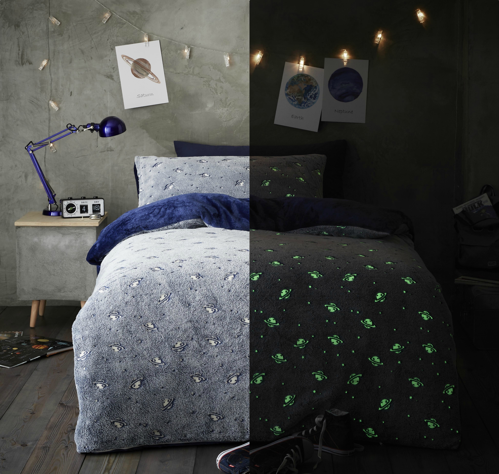 Kids Planets Duvet Cover Teddy Fleece Glow In The Dark Quilt Bedding Set Warm 